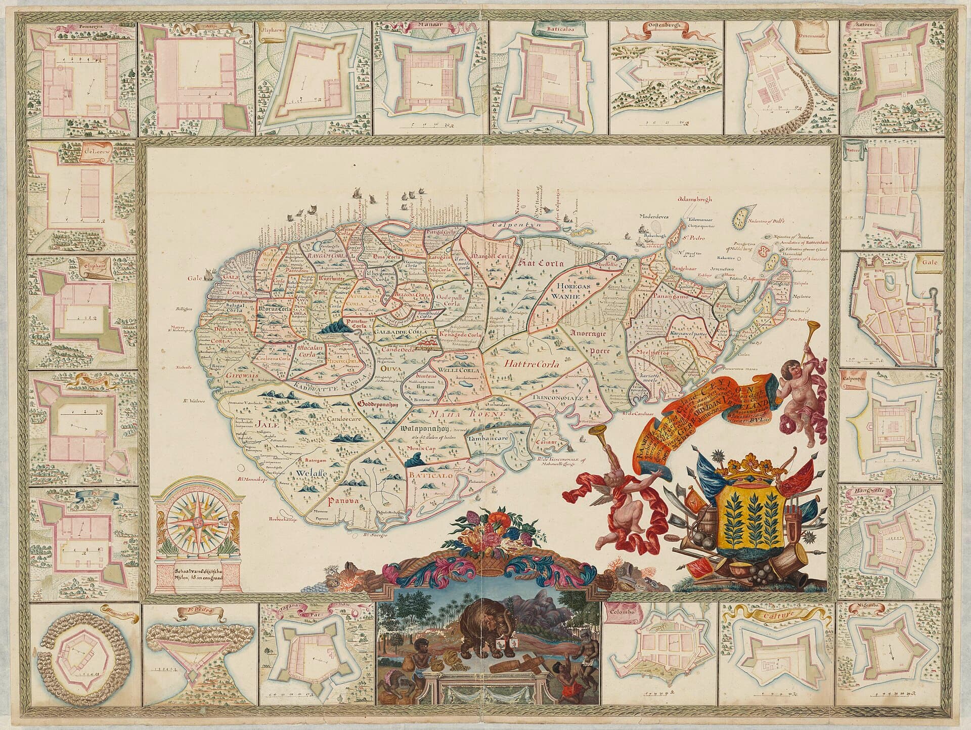 An engraved map of Ceylon made in 1702, with decorated cartouches and the coastline marked with harbours